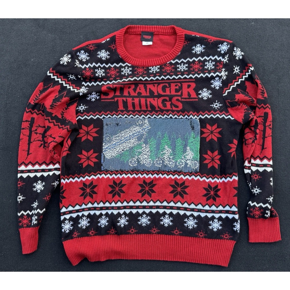 Stranger Things Ugly Christmas Sweater Flip Sequin Lights XXL Netflix Holiday